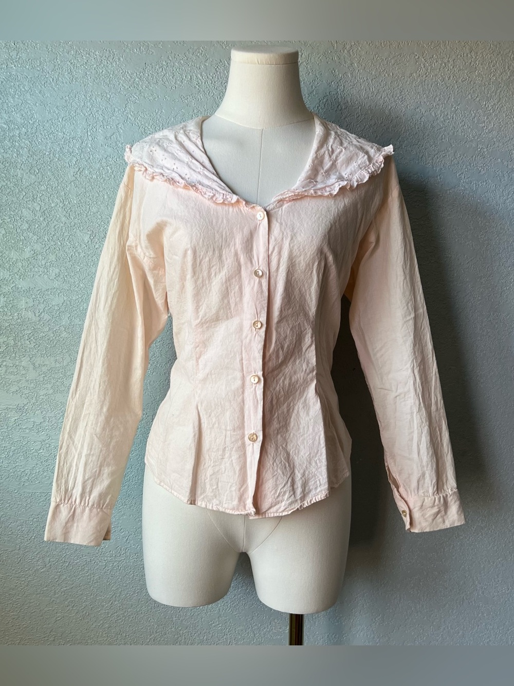 Vintage Judy Knapp Pink Sailor Collar Eyelet Cotton Blouse USA Small Cottagecore